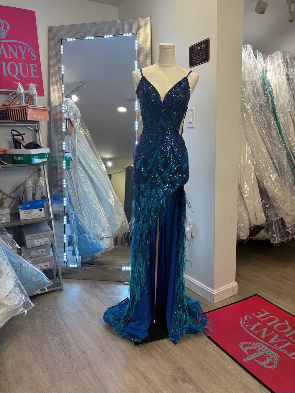 Jovani Teal and Navy Beaded Feathered Prom Gown